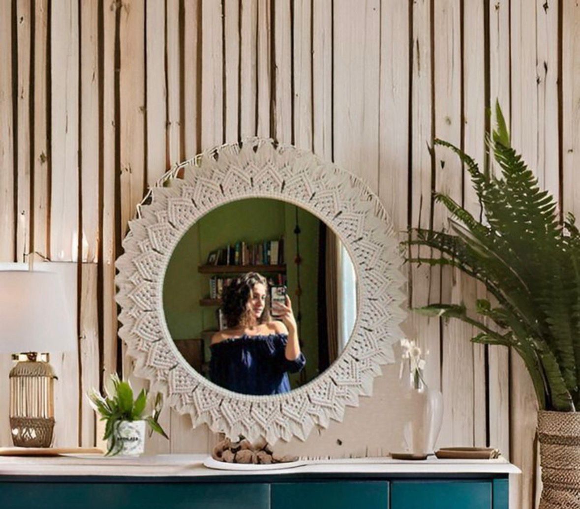 Handmade Macrame Round Wall Hanging Mirror for Home Décor