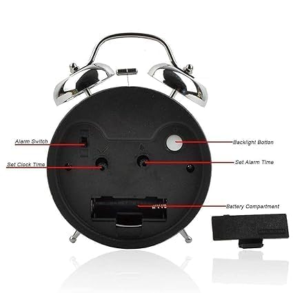 Brass Vintage Twin Bell Alarm Clock with LED – Silver