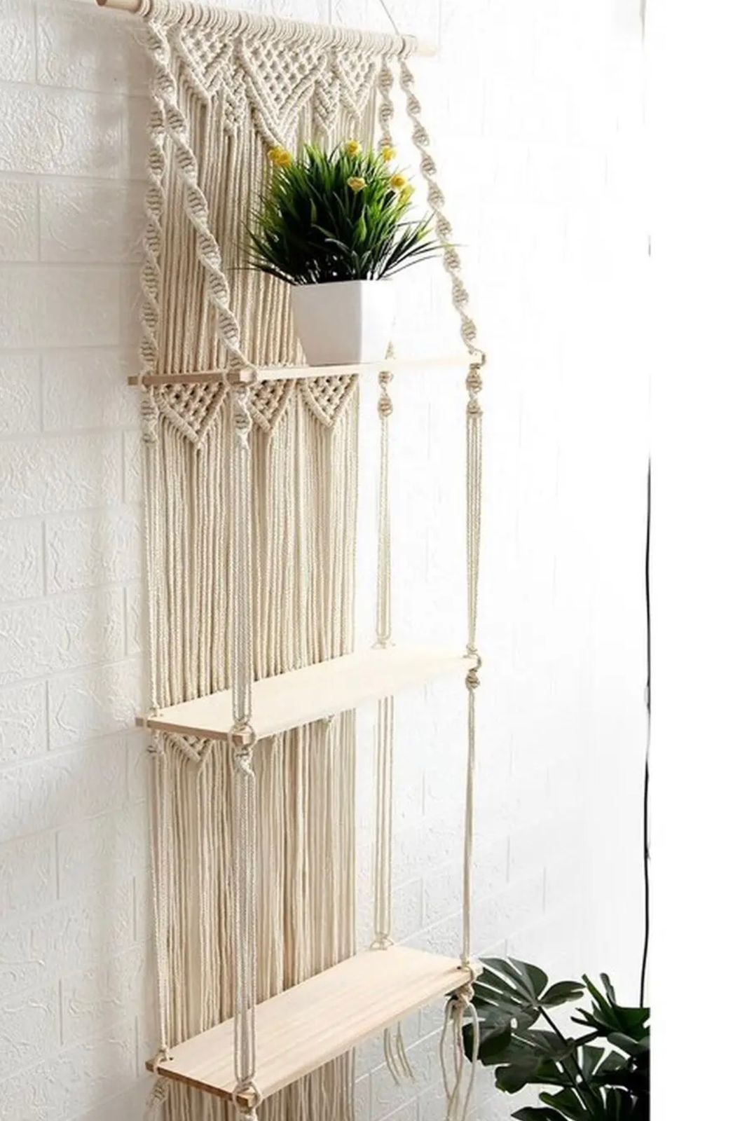 Macreame wall shelf hanger 3 tiear Wood Hanging Hall 3Pcs Tapestries & Macrame-15.7In