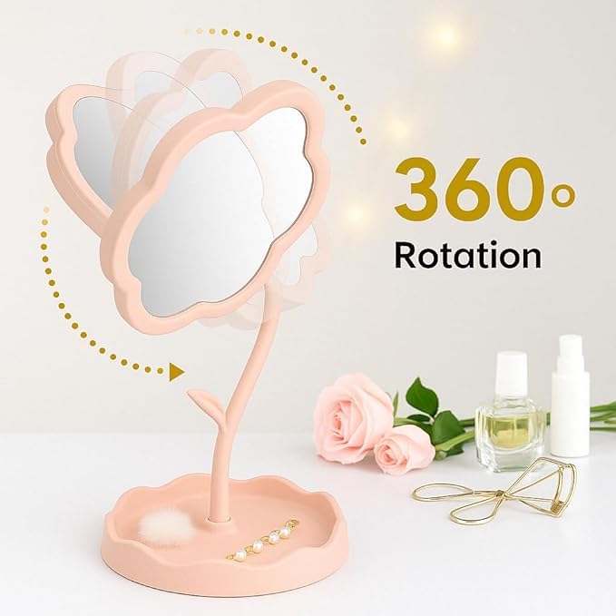 Flower-Shaped Rotatable Makeup Mirror with Tray