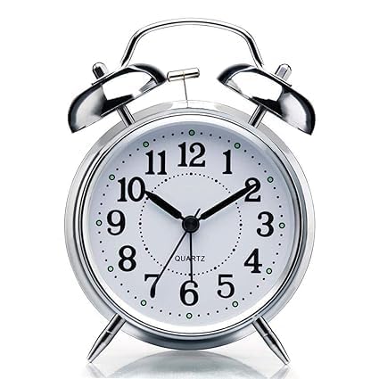 Brass Vintage Twin Bell Alarm Clock with LED – Silver