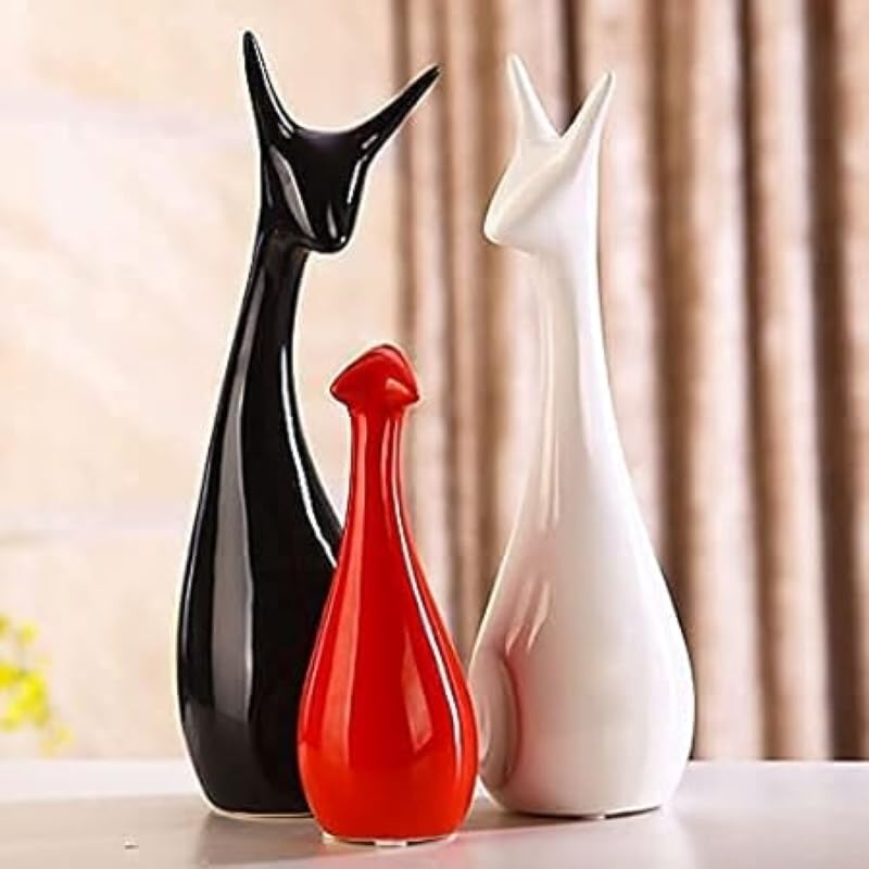 Home Decor Lucky Deer Statue Family Piano Finish Ceramic Figures - (Set of 3, Red Black, White)