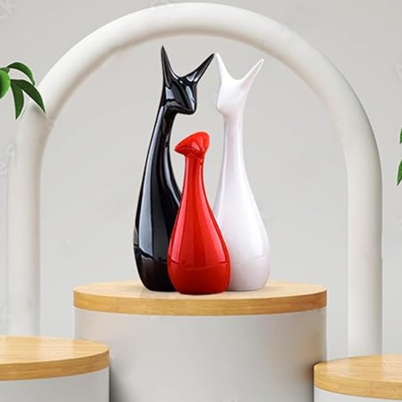 Home Decor Lucky Deer Statue Family Piano Finish Ceramic Figures - (Set of 3, Red Black, White)