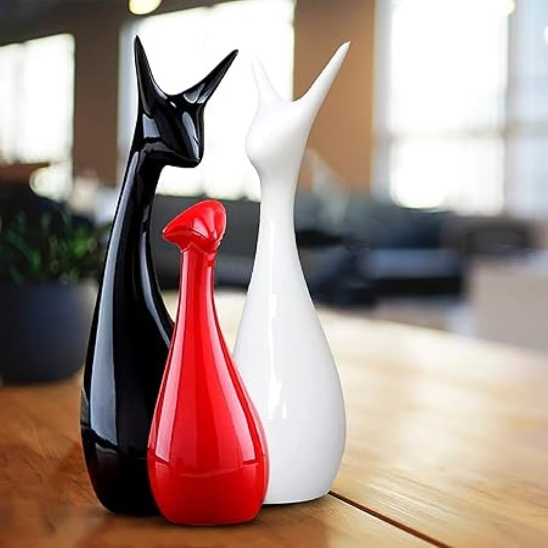 Home Decor Lucky Deer Statue Family Piano Finish Ceramic Figures - (Set of 3, Red Black, White)