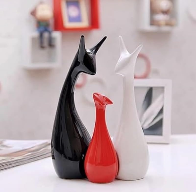 Home Decor Lucky Deer Statue Family Piano Finish Ceramic Figures - (Set of 3, Red Black, White)