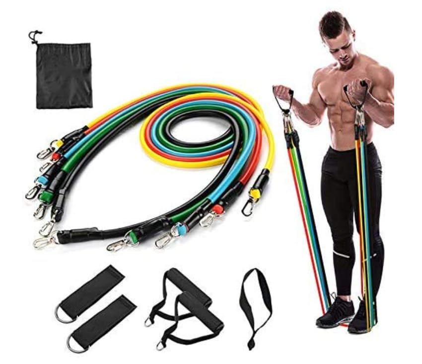 Manogyam 11-Piece Resistance Bands Set | Complete Home Workout & Training Kit