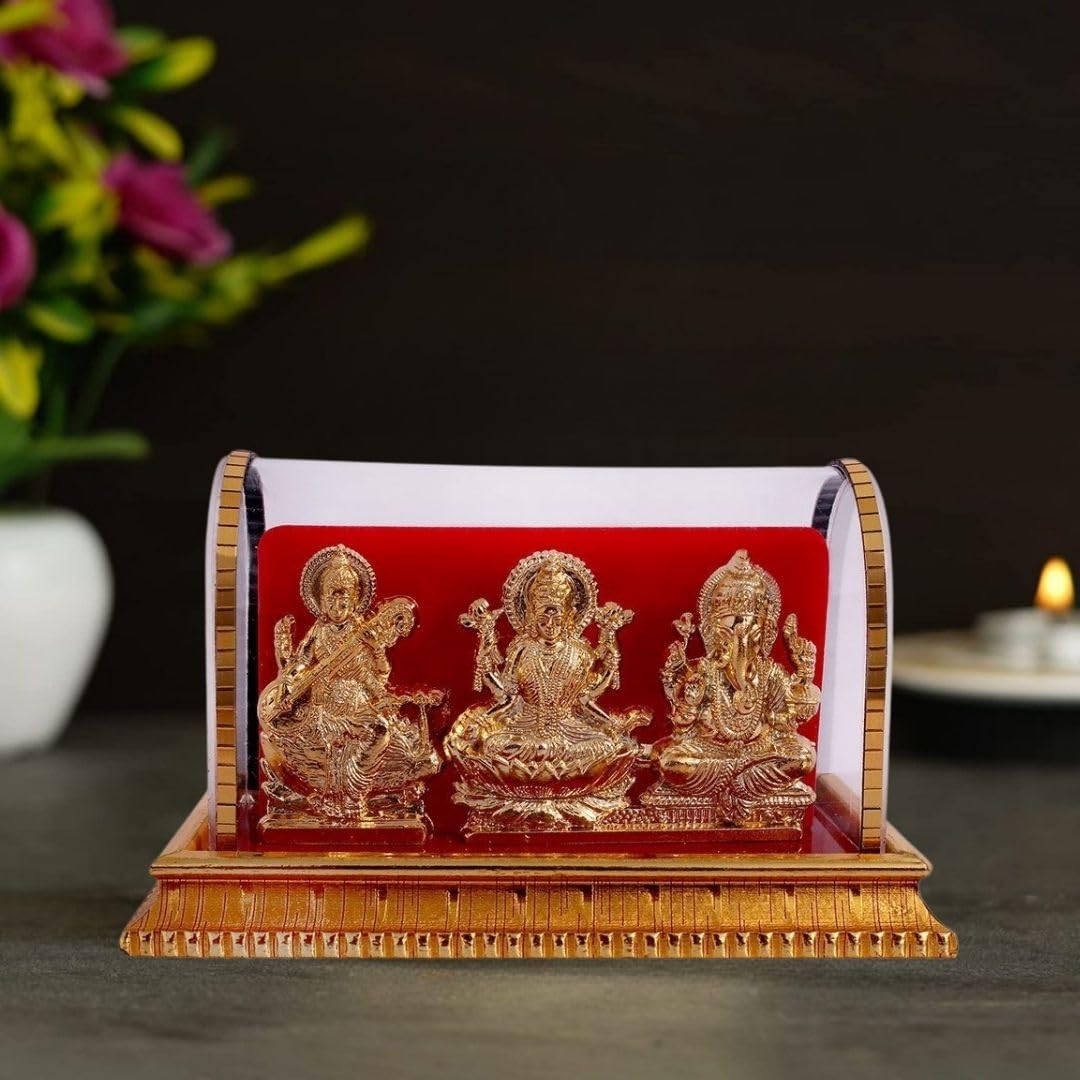 Awesome Craft Gold-Plated Laxmi Ganesh & Saraswati Idols | Pooja & Home Décor Gift Set