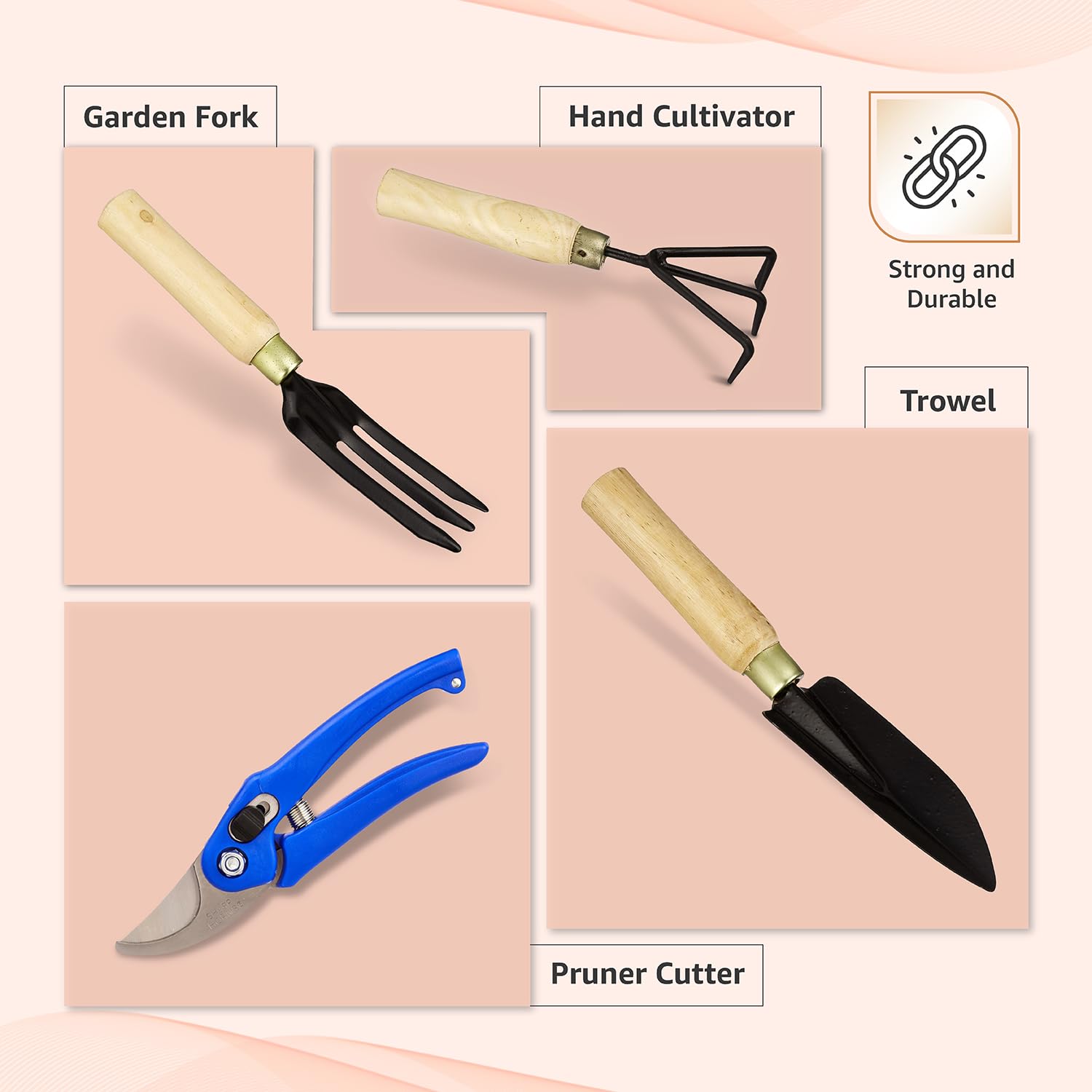 Garden Tool Set Big Trowel, Hand Fork, Hand Rake & Pruner/Cutter for Gardening