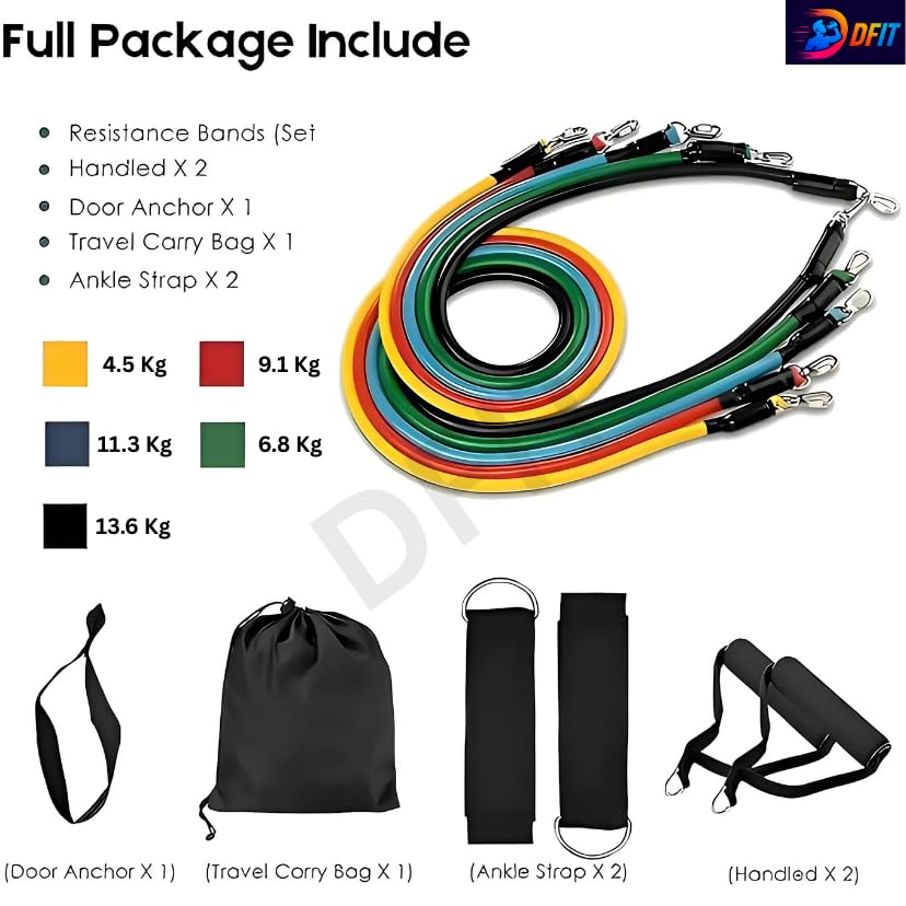 Manogyam 11-Piece Resistance Bands Set | Complete Home Workout & Training Kit