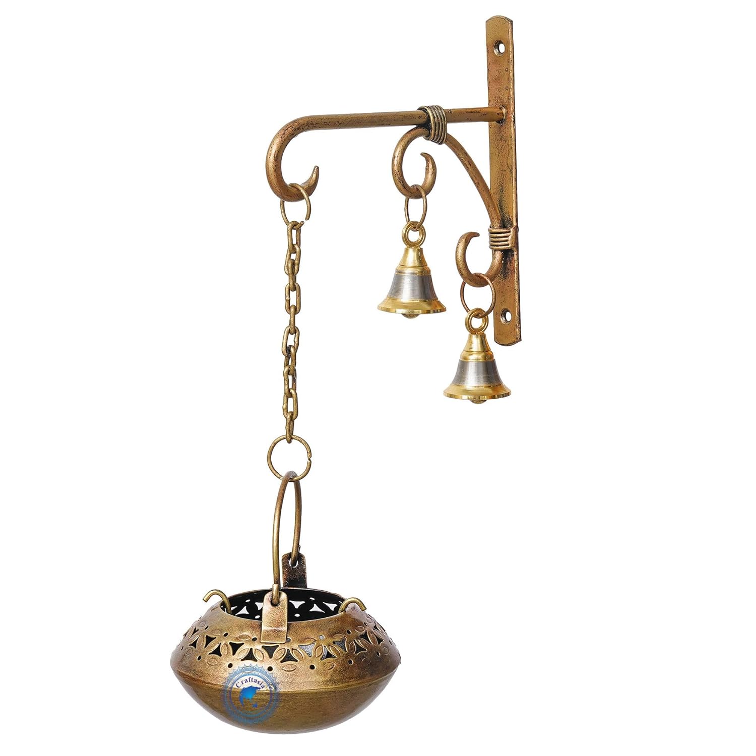 Iron Tea Light Candle Holder with Hook & Bells | Wall Hanging T-Light Stand