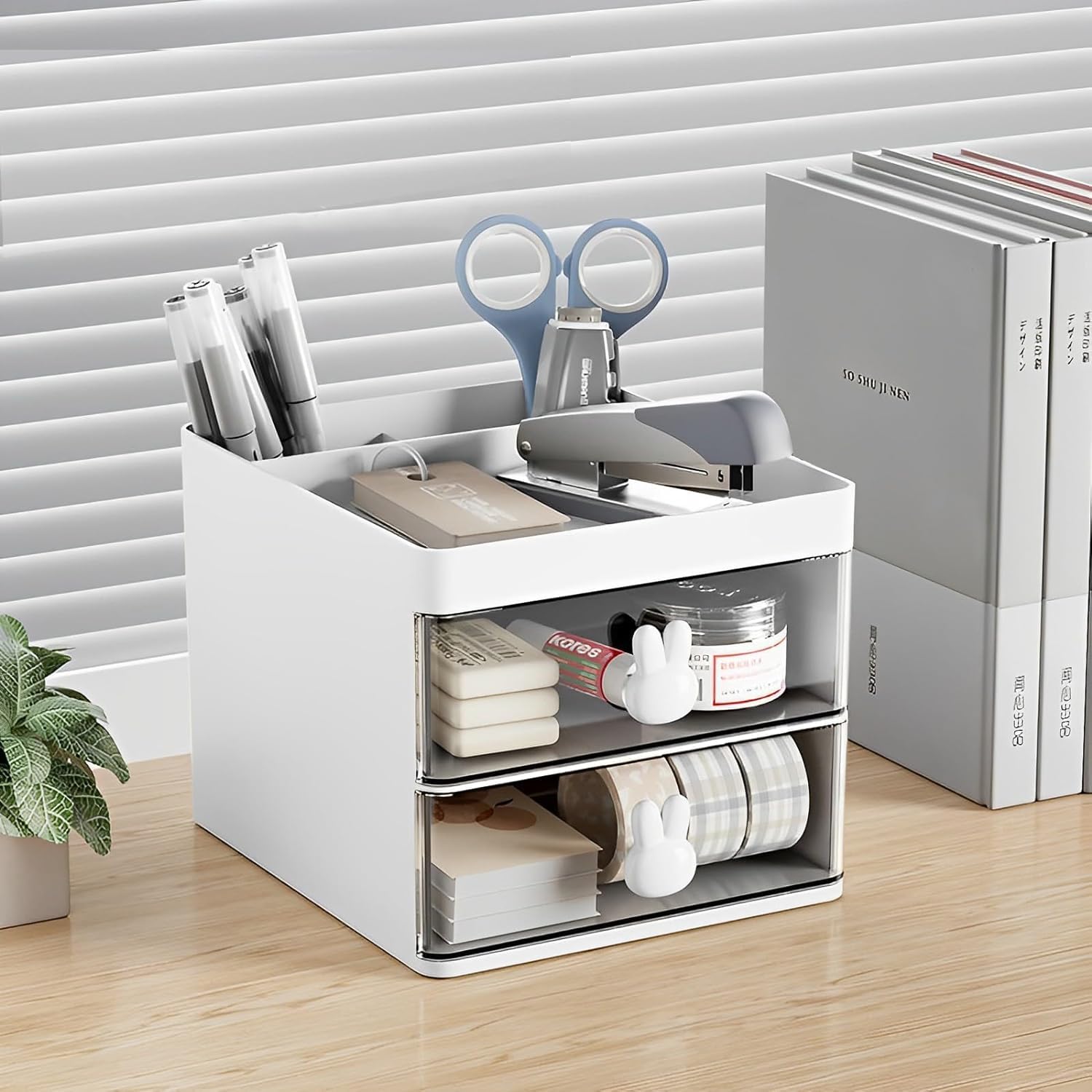 Polypropylene Desk Organizer with 2 Drawers & 3 Compartments | White Aesthetic Pen Stand