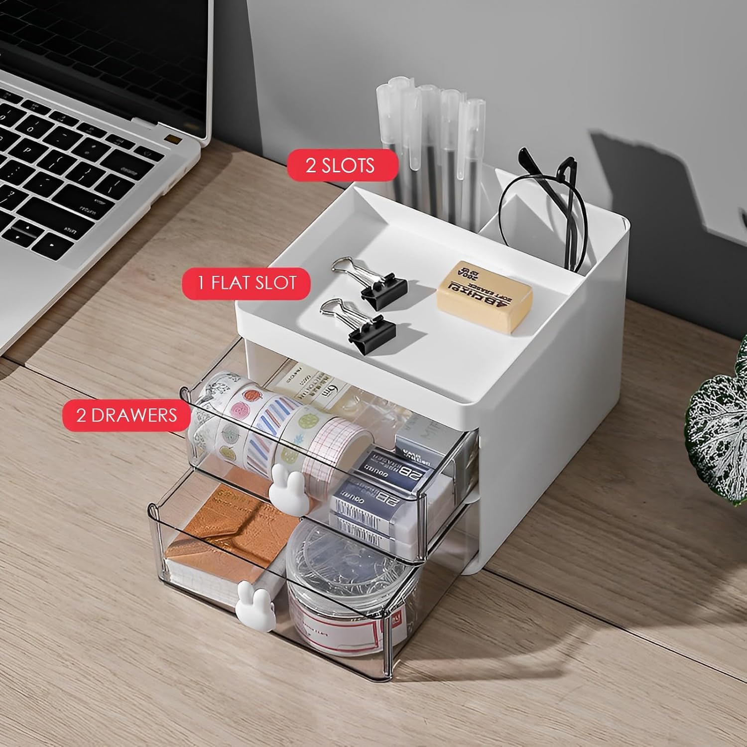 Polypropylene Desk Organizer with 2 Drawers & 3 Compartments | White Aesthetic Pen Stand