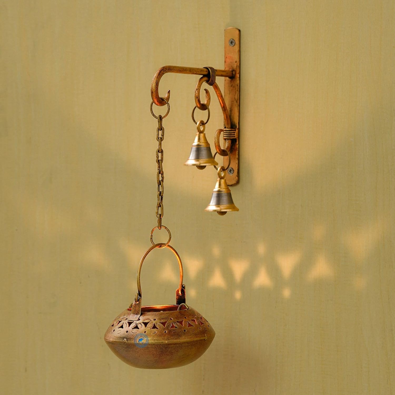 Iron Tea Light Candle Holder with Hook & Bells | Wall Hanging T-Light Stand