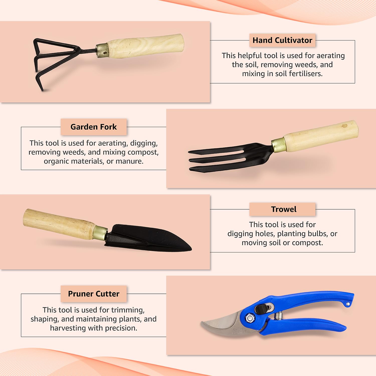 Garden Tool Set Big Trowel, Hand Fork, Hand Rake & Pruner/Cutter for Gardening