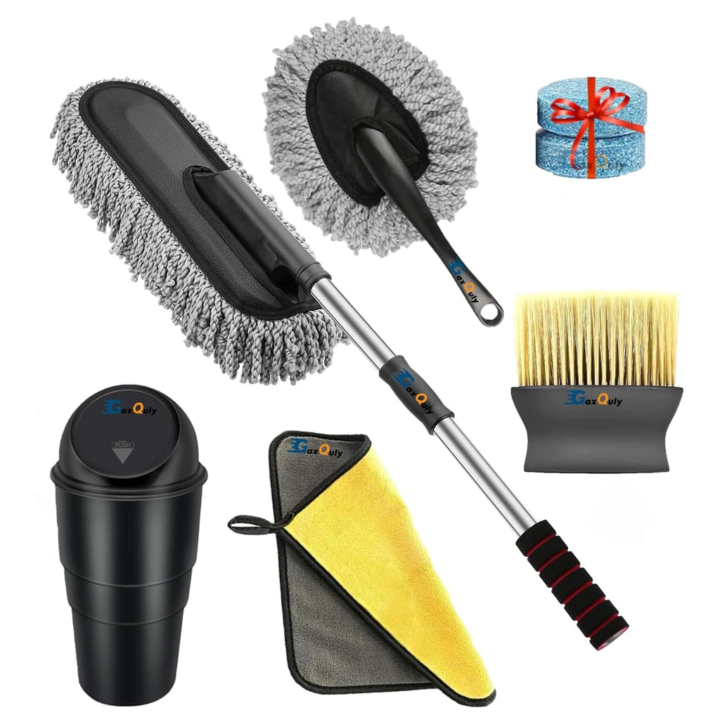 6-Piece Car Cleaning Kit | Microfiber Duster, Vent Brush, Glass Cleaning Tablets & Mini Car Dustbin