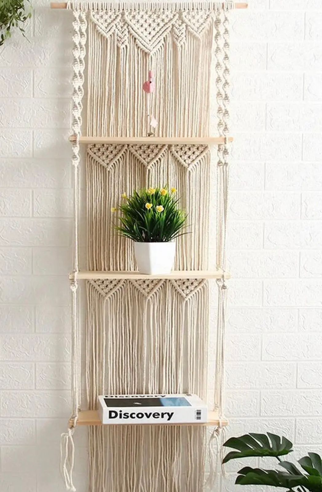 Macreame wall shelf hanger 3 tiear Wood Hanging Hall 3Pcs Tapestries & Macrame-15.7In