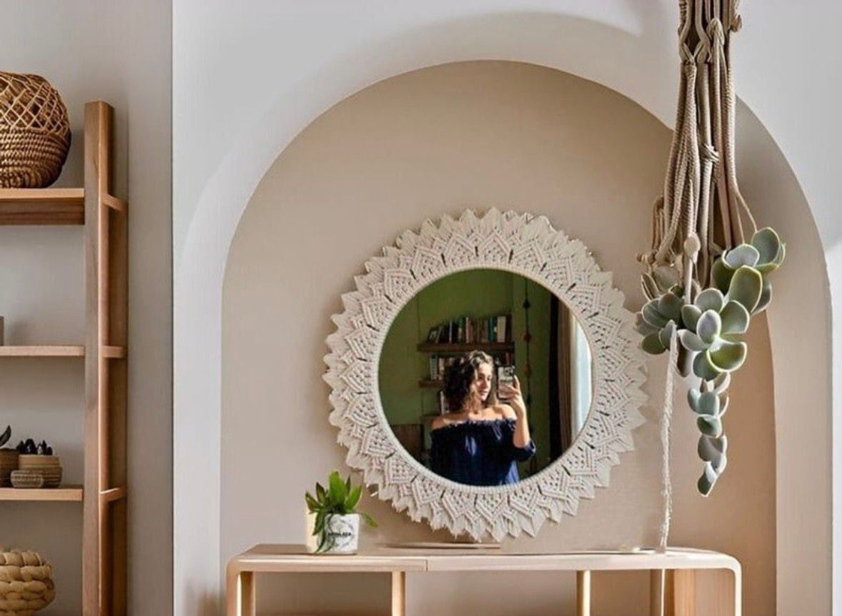 Handmade Macrame Round Wall Hanging Mirror for Home Décor