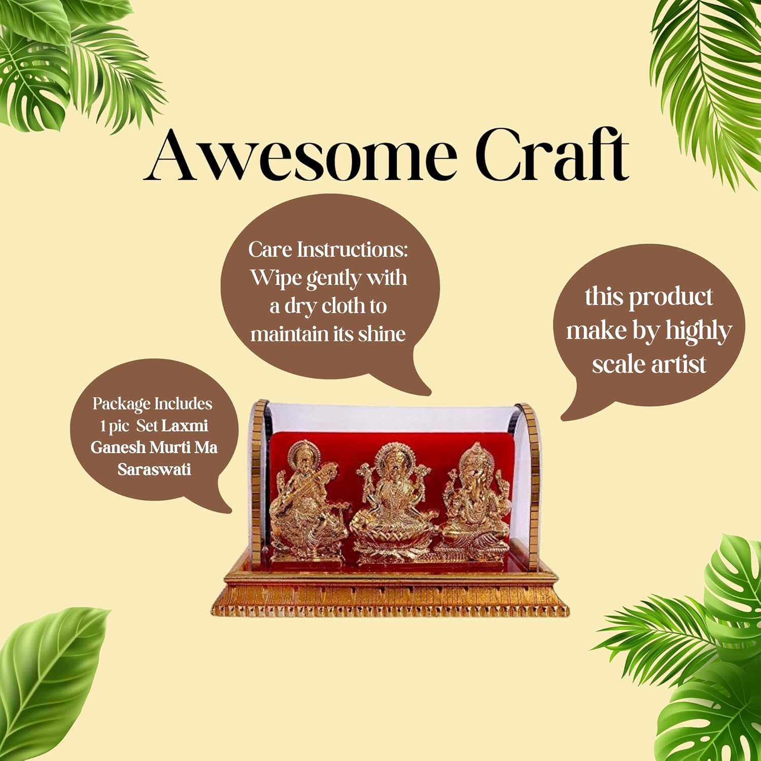 Awesome Craft Gold-Plated Laxmi Ganesh & Saraswati Idols | Pooja & Home Décor Gift Set