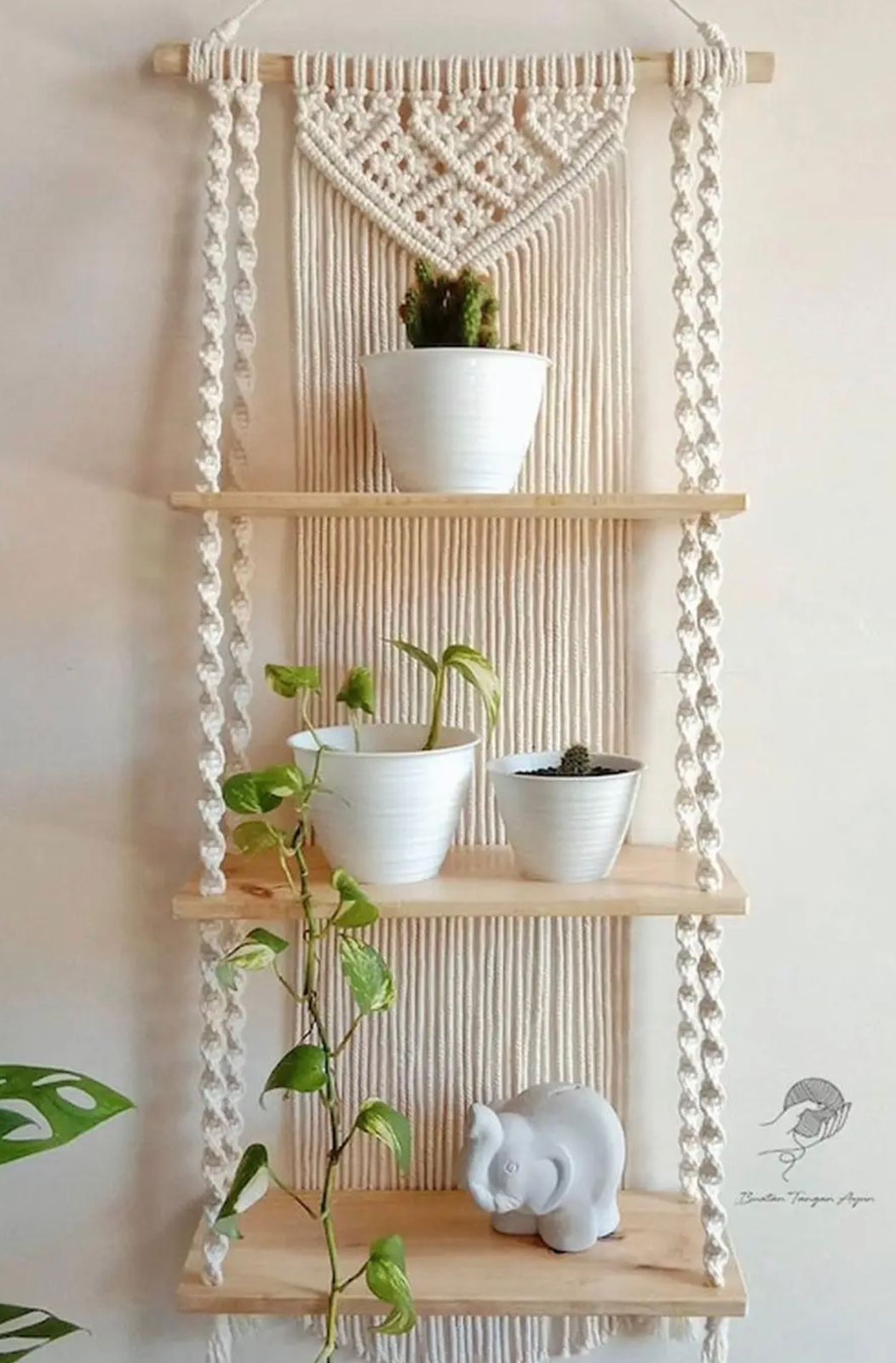 Macreame wall shelf hanger 3 tiear Wood Hanging Hall 3Pcs Tapestries & Macrame-15.7In